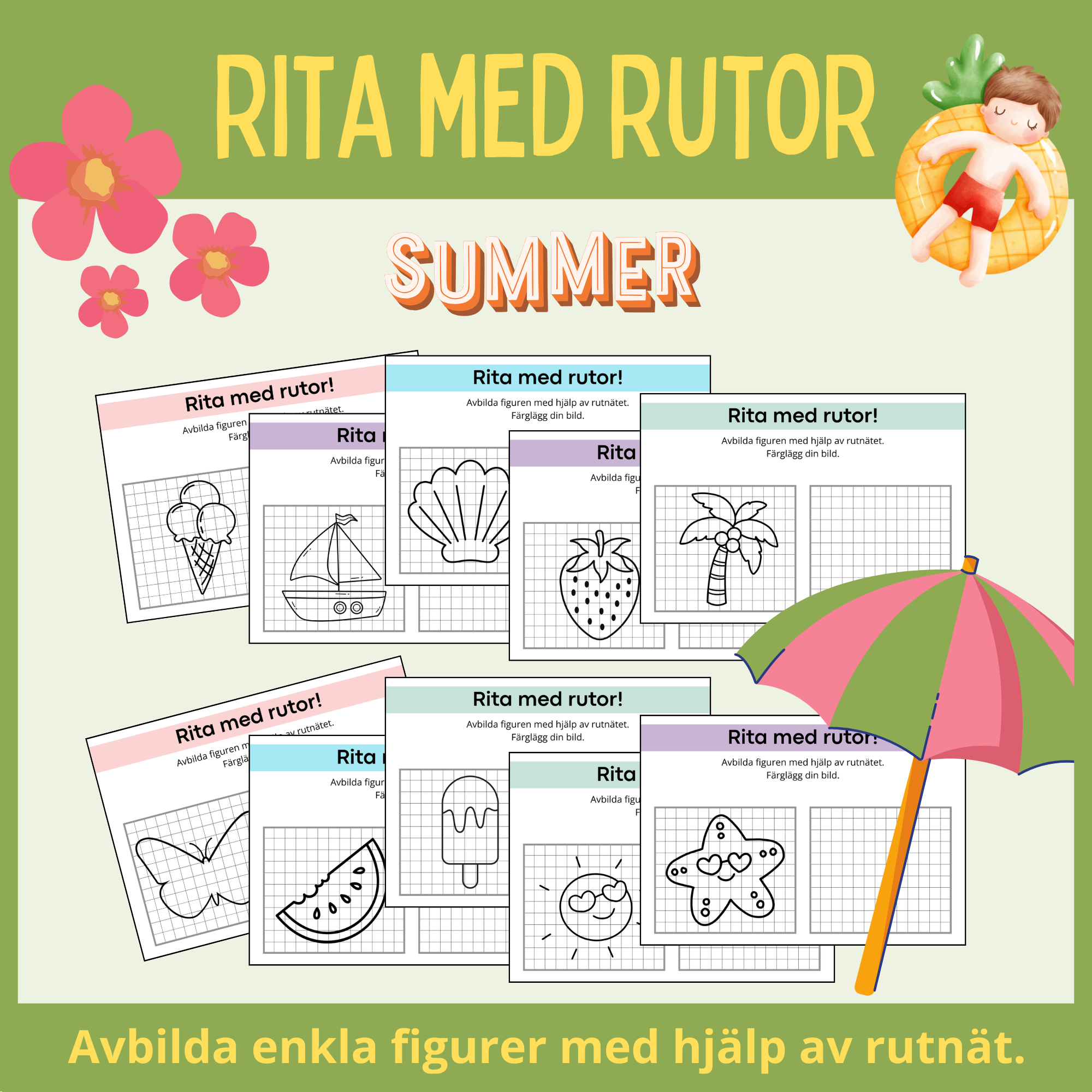 Rita med rutor! Rituppgift med sommartema och 10 arbetsblad.
