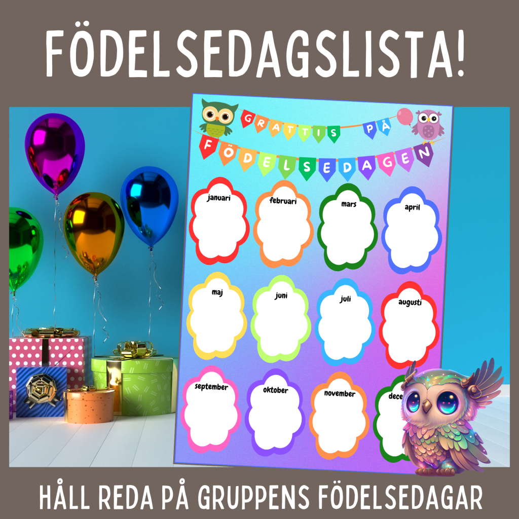 Fira gruppens födelsedagar! Färgglad affisch med 12 månader.