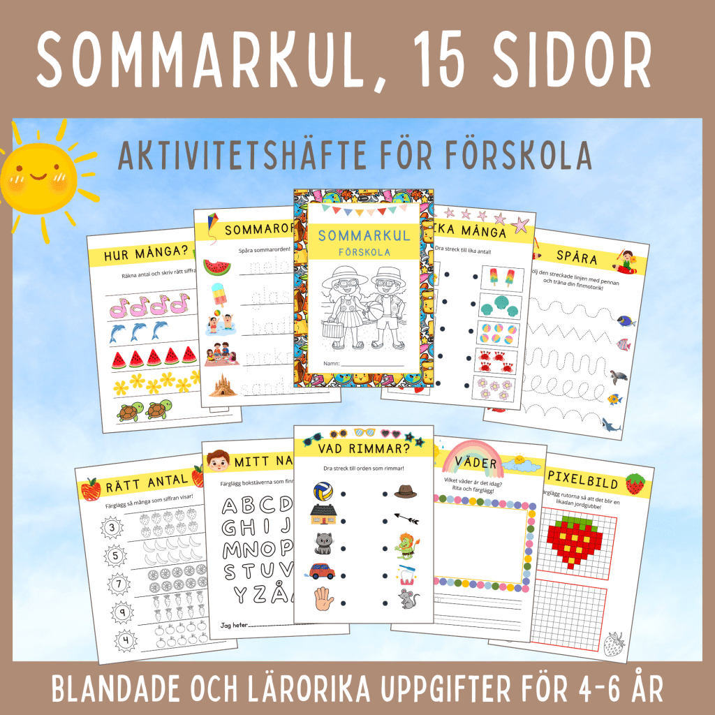 Färgglatt aktivitetshäfte för förskolan – 15 sidor med lekfullt lärande och pyssel!