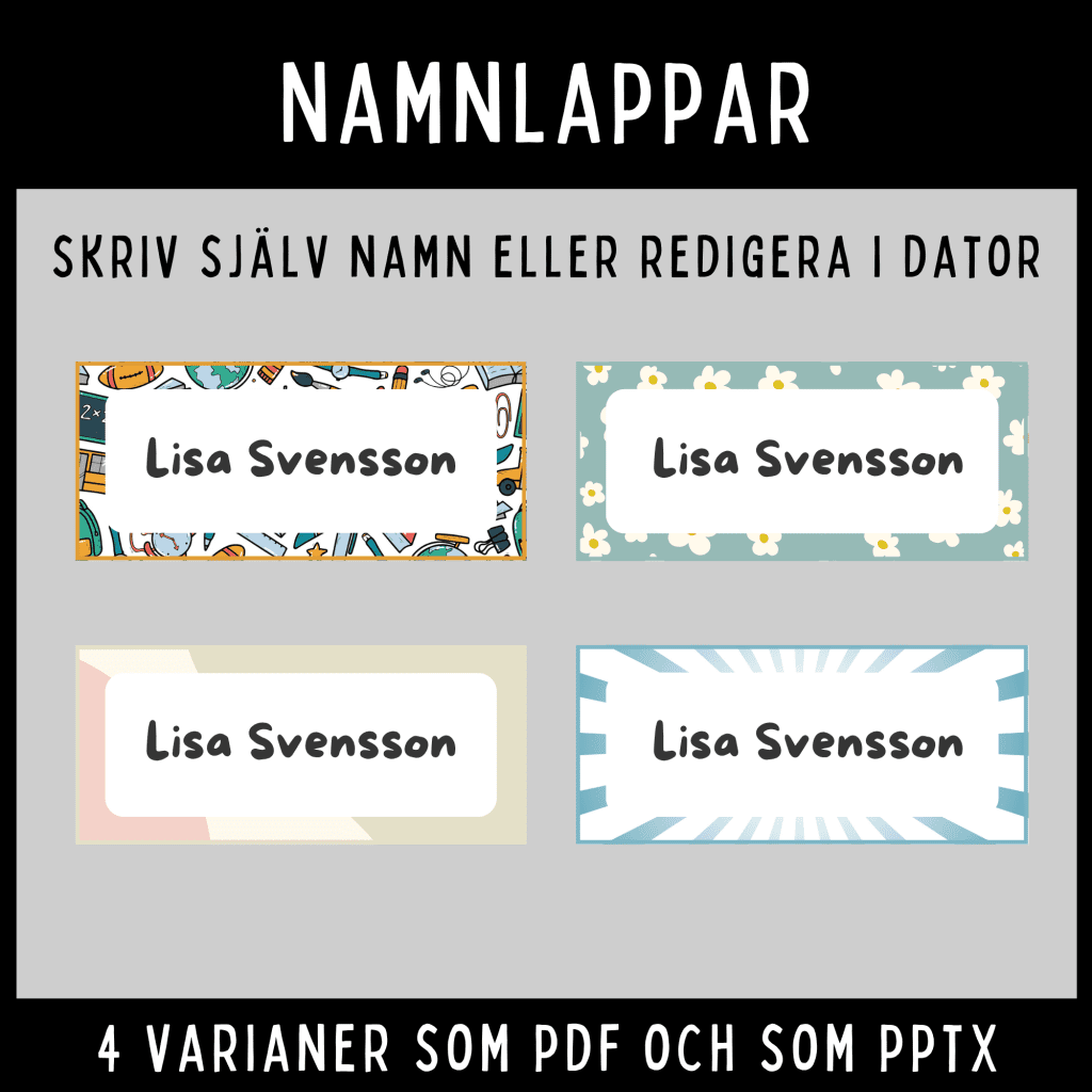 Namnlappar – 4 varianter i både PDF och redigerbart format