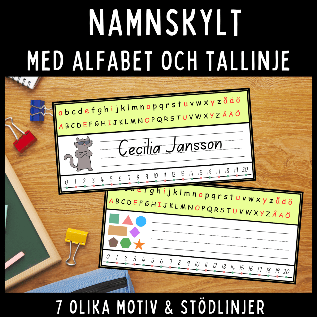 Namnskylt med tallinje, alfabet och stödlinjer, 7 olika motiv