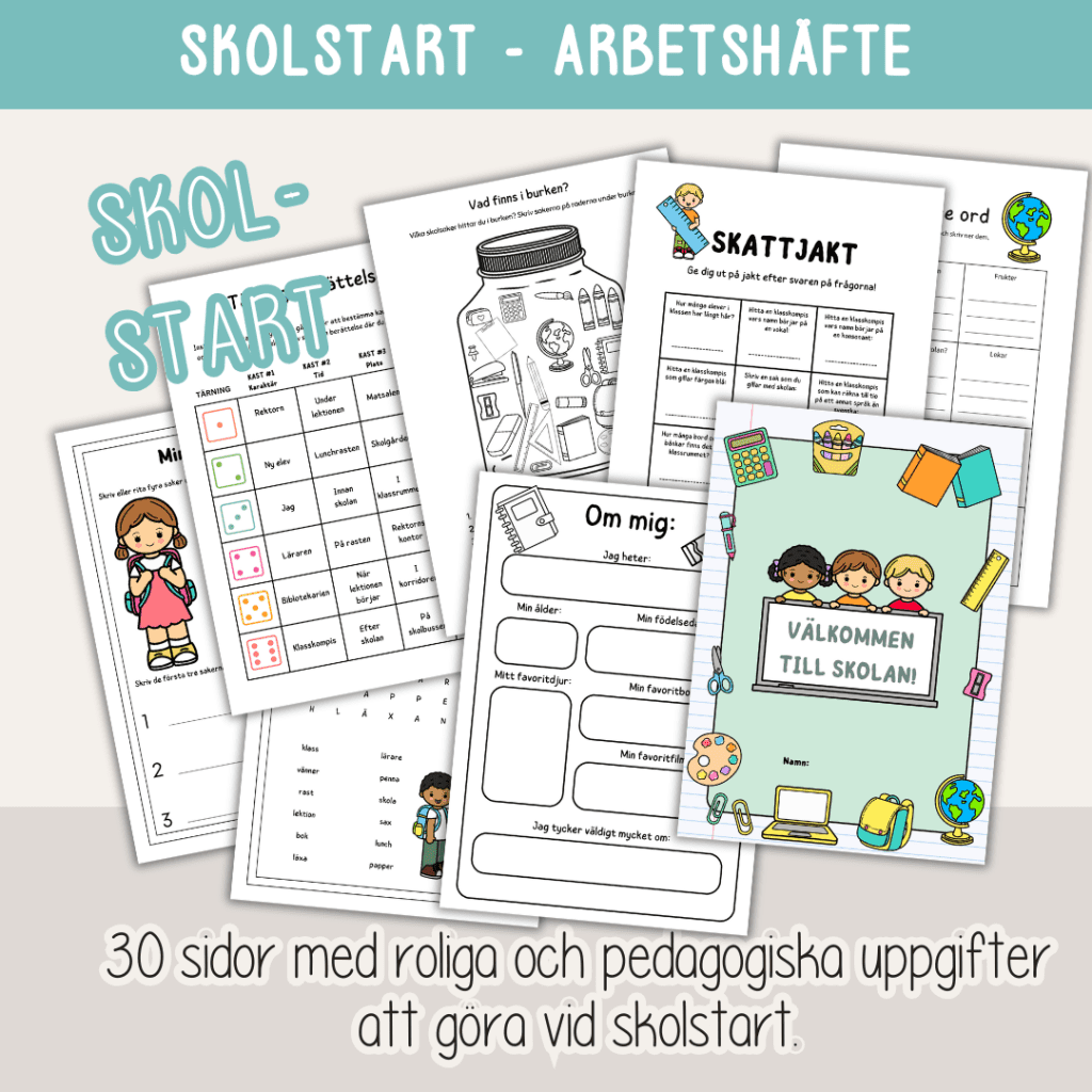 Skolstart – Arbetshäfte – 30 sidor med roliga och pedagogiska uppgifter.
