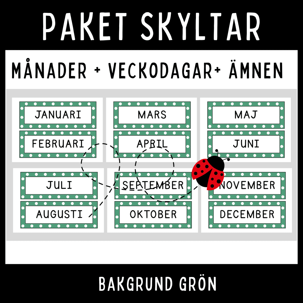 Paket – skyltar med månader, veckodagar och ämnen, grön bakgrund
