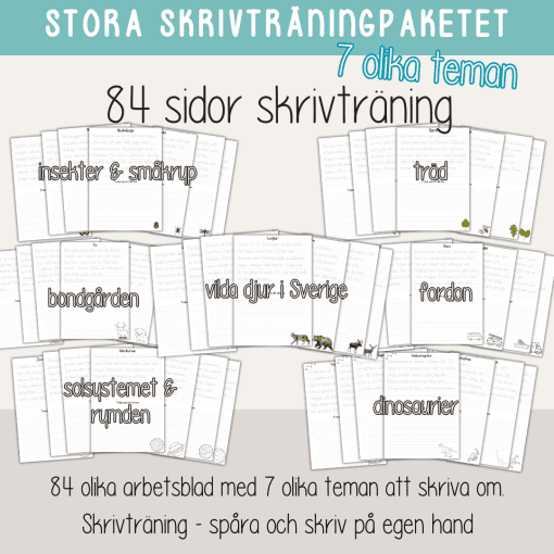 Stora skrivträningspaketet - 84 arbetsblad med 7 olika teman