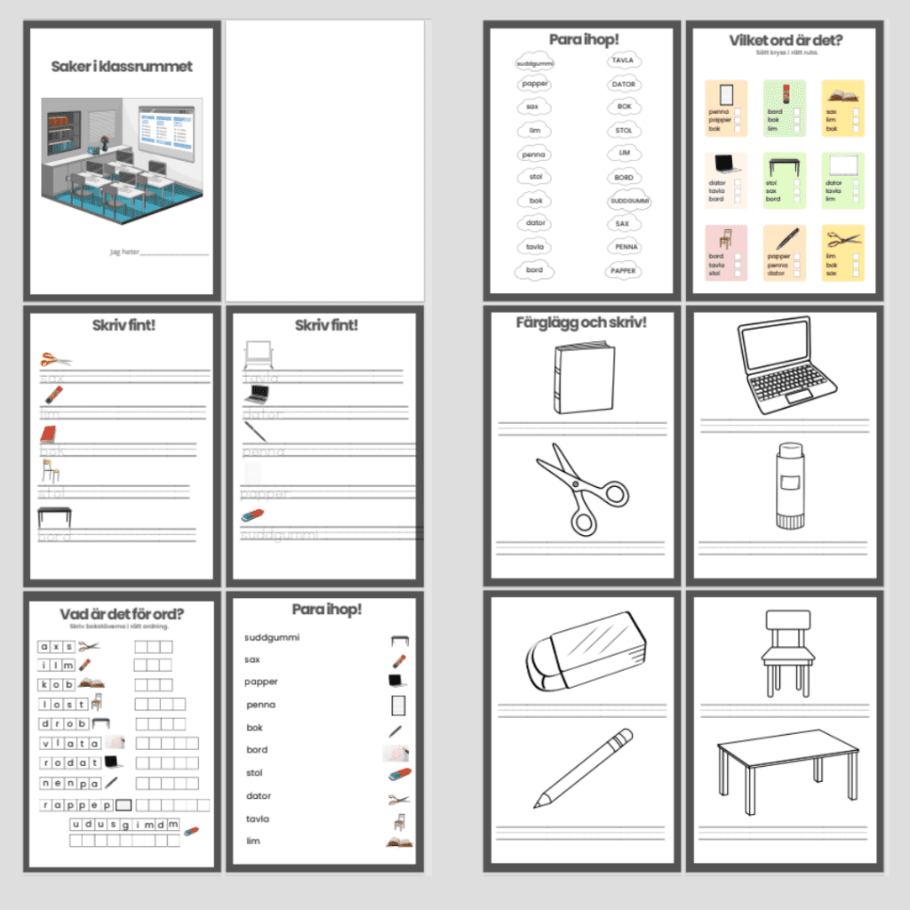 Saker i klassrummet. Läs-och skrivträning