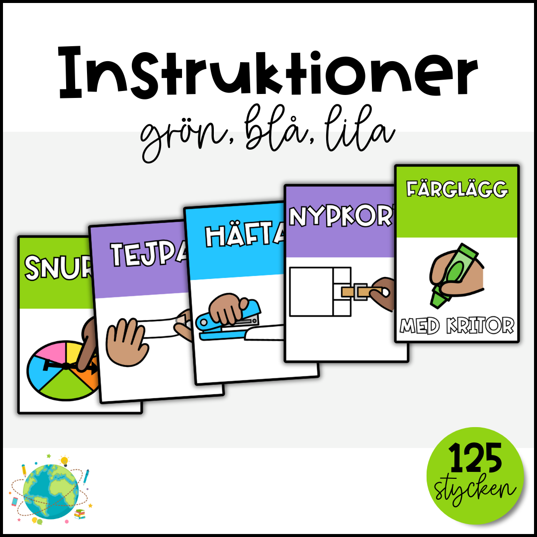 Instruktionskort - Grön. blå, lila