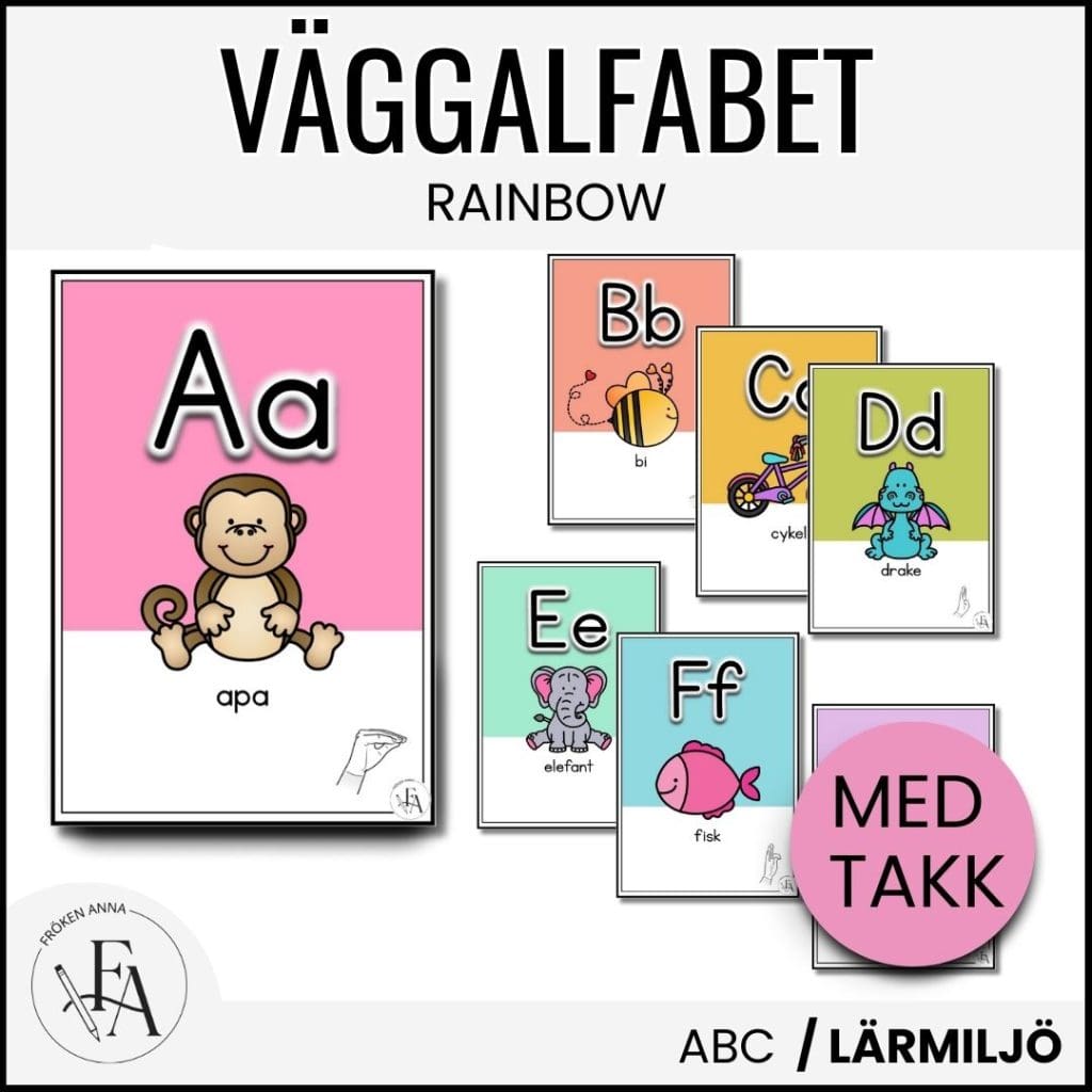 Väggalfabet med TAKK (tecken som stöd) | Rainbow