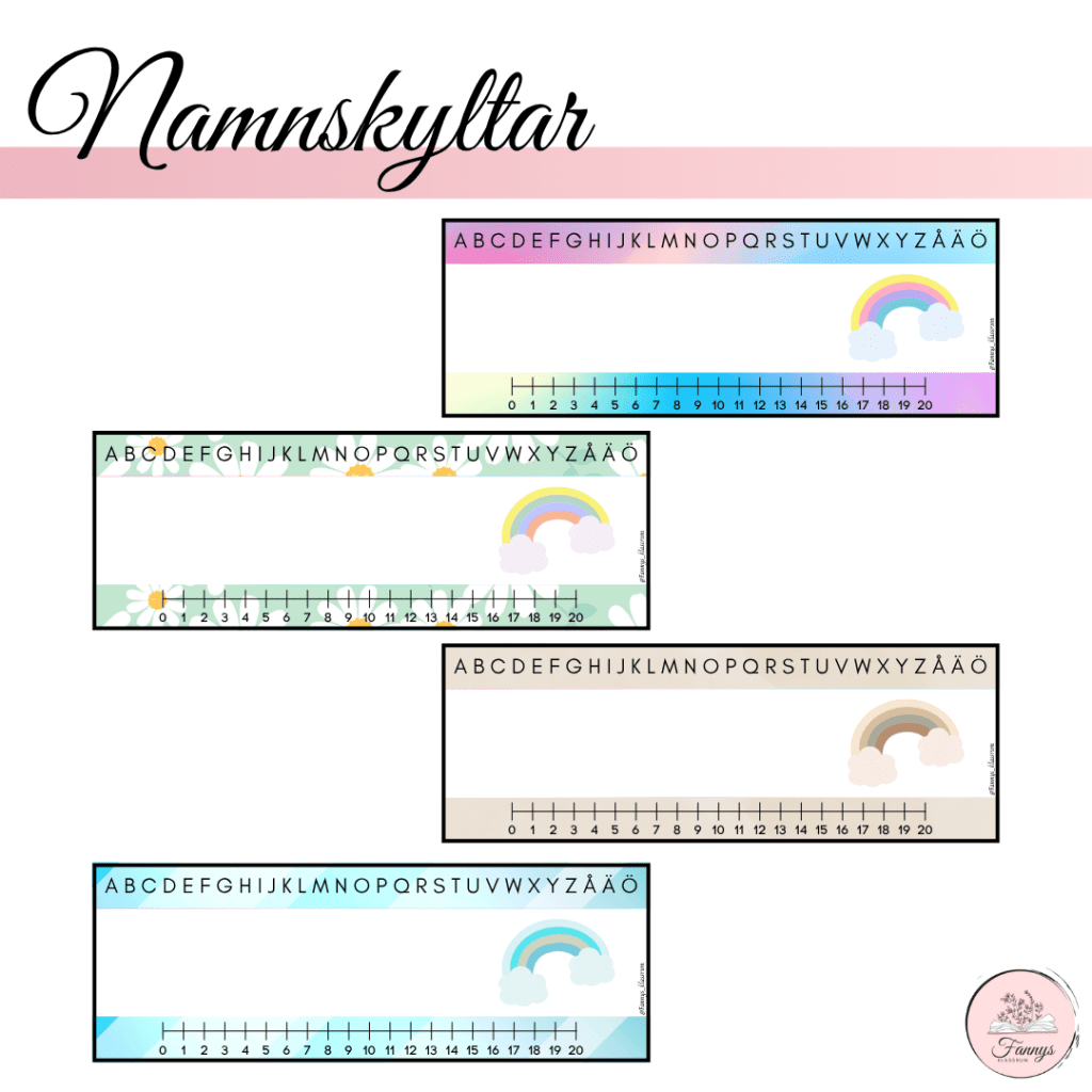 Namnskyltar i fyra varianter