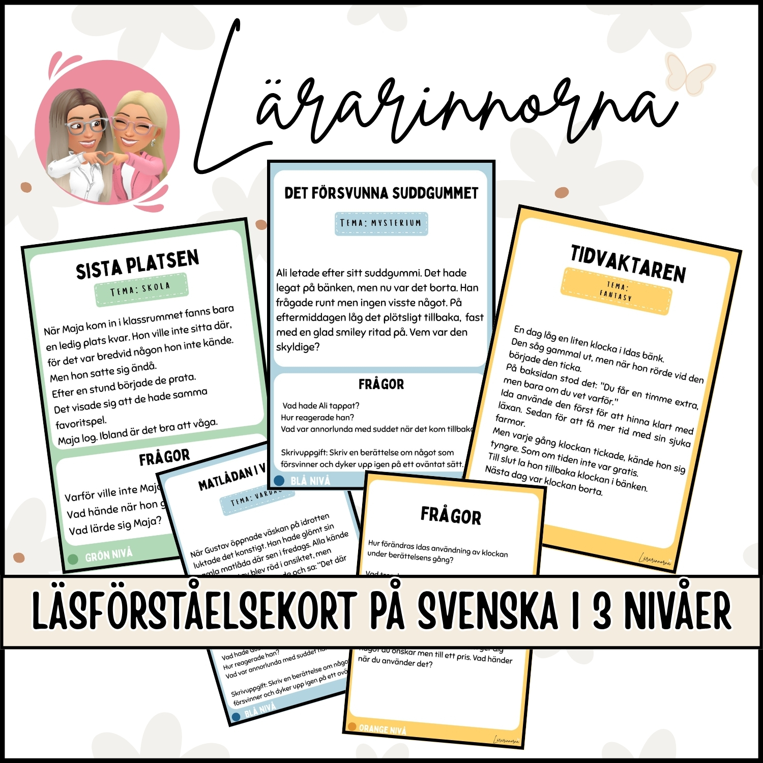 Läsförståelsekort på svenska i 3 olika nivåer