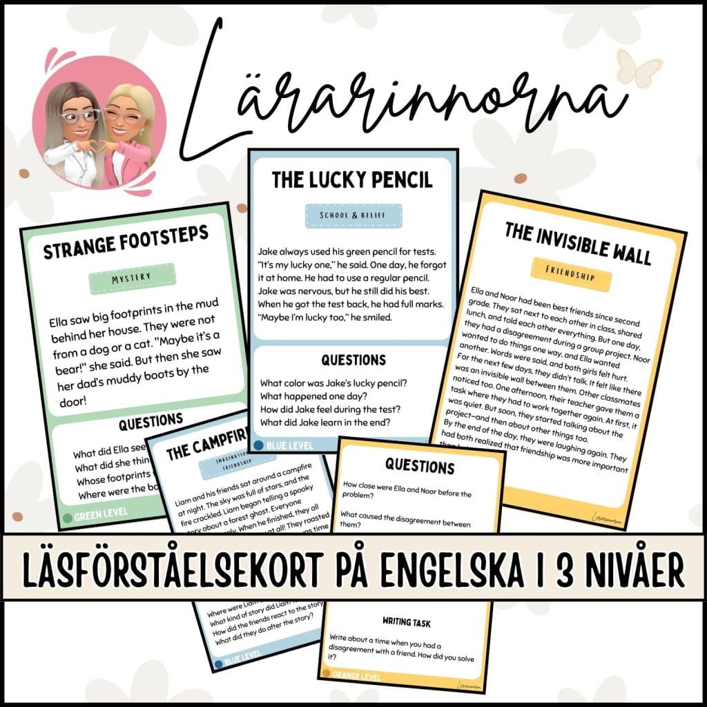 Läsförståelsekort på engelska i 3 olika nivåer