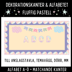 Dekorationskanter och alfabet i fluffig pastell