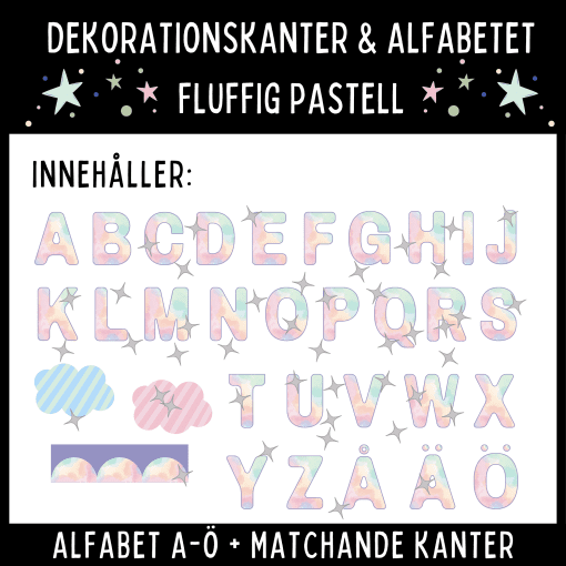Dekorationskanter och alfabet i fluffig pastell