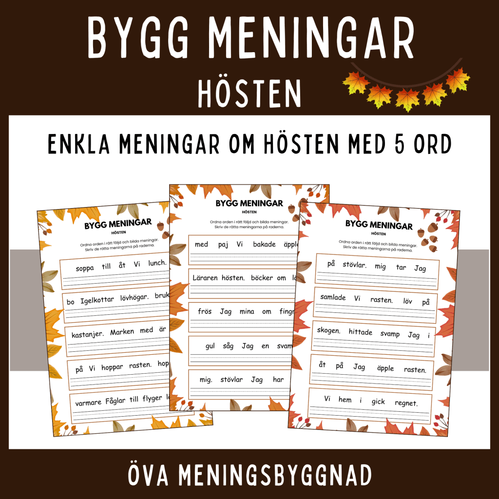 Bygg enkla meningar om hösten med 5 ord. Öva meningsbyggnad.