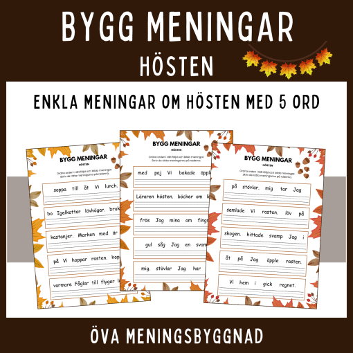 Bygg enkla meningar om hösten med 5 ord. Öva meningsbyggnad.