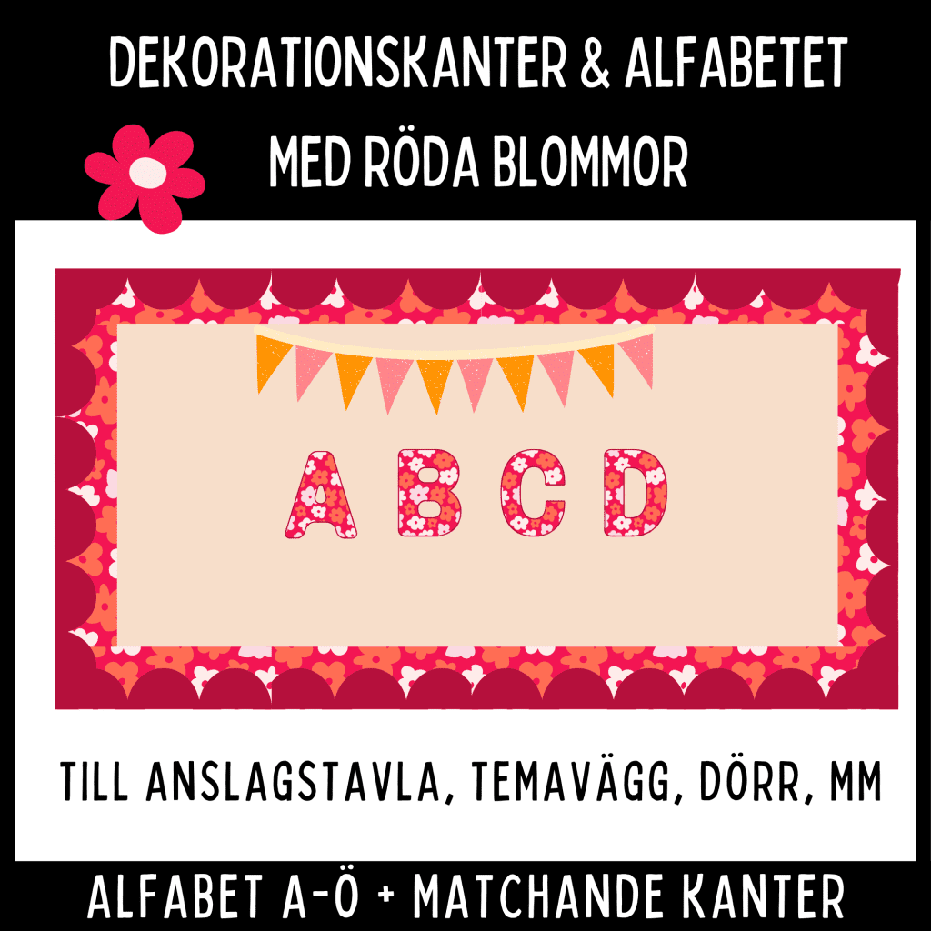 Dekorationskanter och alfabet med rödblommigt mönster
