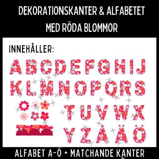 Dekorationskanter och alfabet med rödblommigt mönster