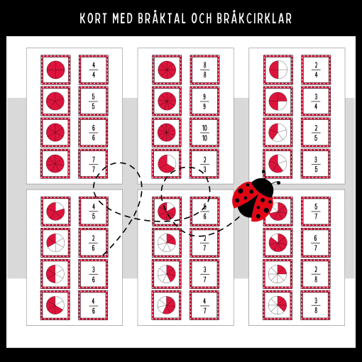 Kort med bråktal och matchande bråkcirklar