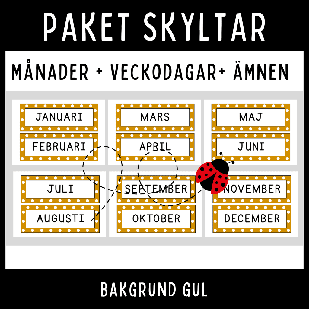 Klassrumsskyltar med gul bakgrund – månader, veckodagar & skolämnen