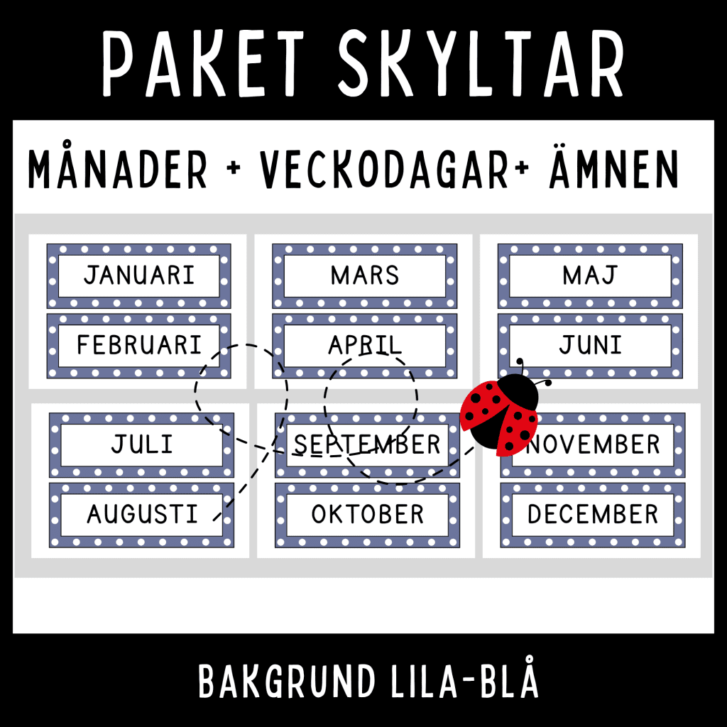 Blå-lila klassrumsskyltar med vita prickar – månader, veckodagar & skolämnen
