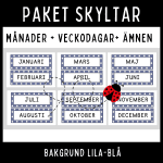 Blå-lila klassrumsskyltar med vita prickar – månader, veckodagar & skolämnen - bild 1