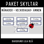 Blå-lila klassrumsskyltar med vita prickar – månader, veckodagar & skolämnen - bild 2