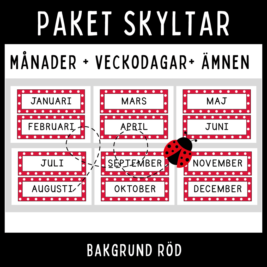 Klassrumsskyltar med röd bakgrund – månader, veckodagar & skolämnen