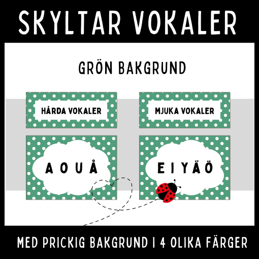 Vokaler med prickig bakgrund i 4 olika nyanser
