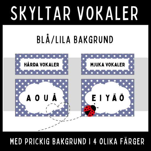 Vokaler med prickig bakgrund i 4 olika nyanser