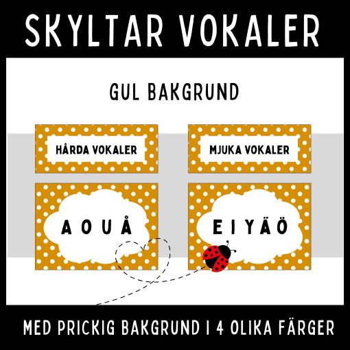 Vokaler med prickig bakgrund i 4 olika nyanser