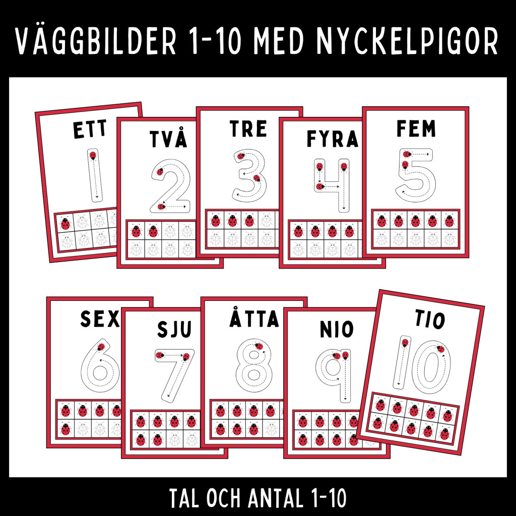 Väggbilder med nyckelpigor med tal och antal, 1–10