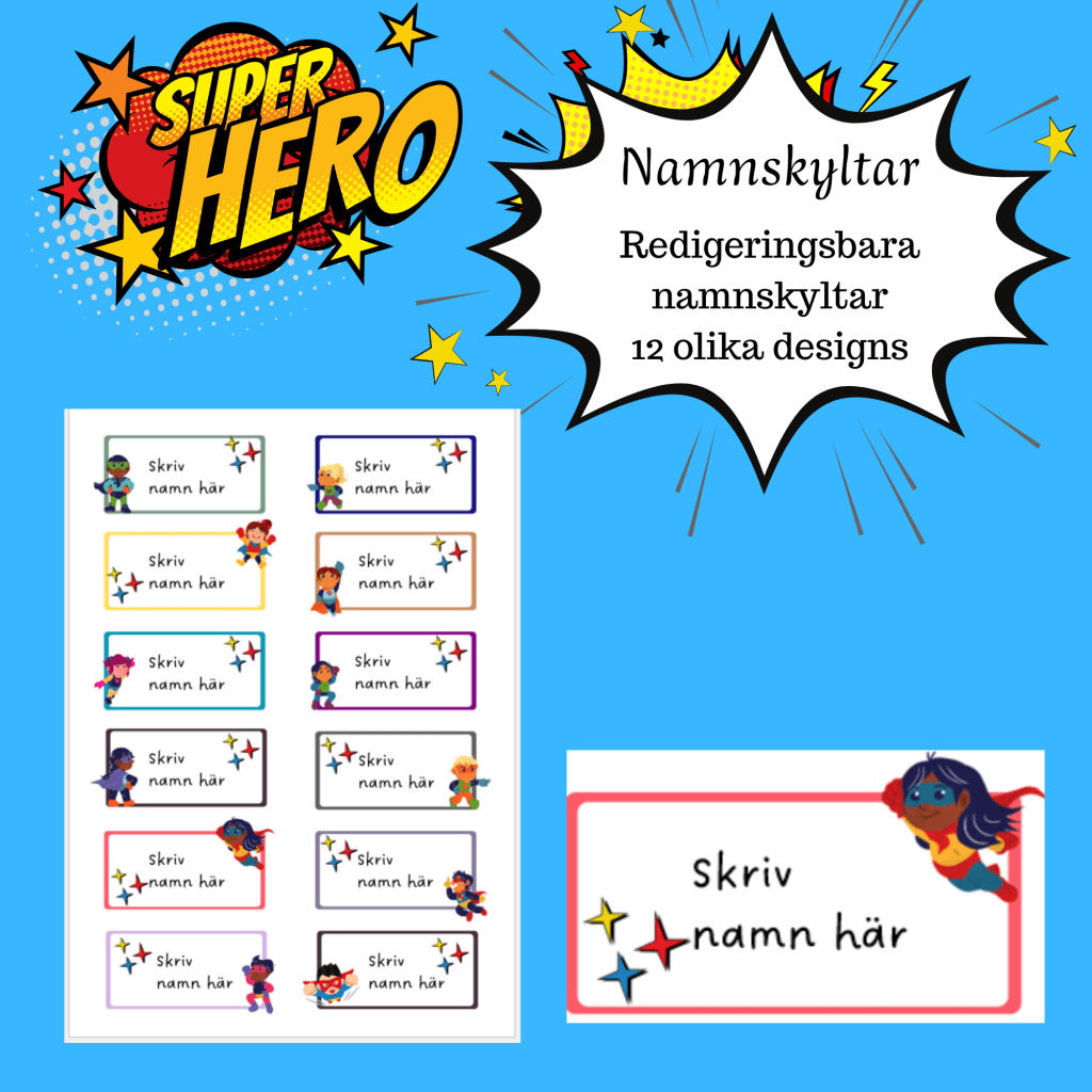 Namnskyltar superhjältar (redigeringsbara)