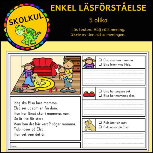 Enkel läsförståelse 1, 5 arbetsblad
