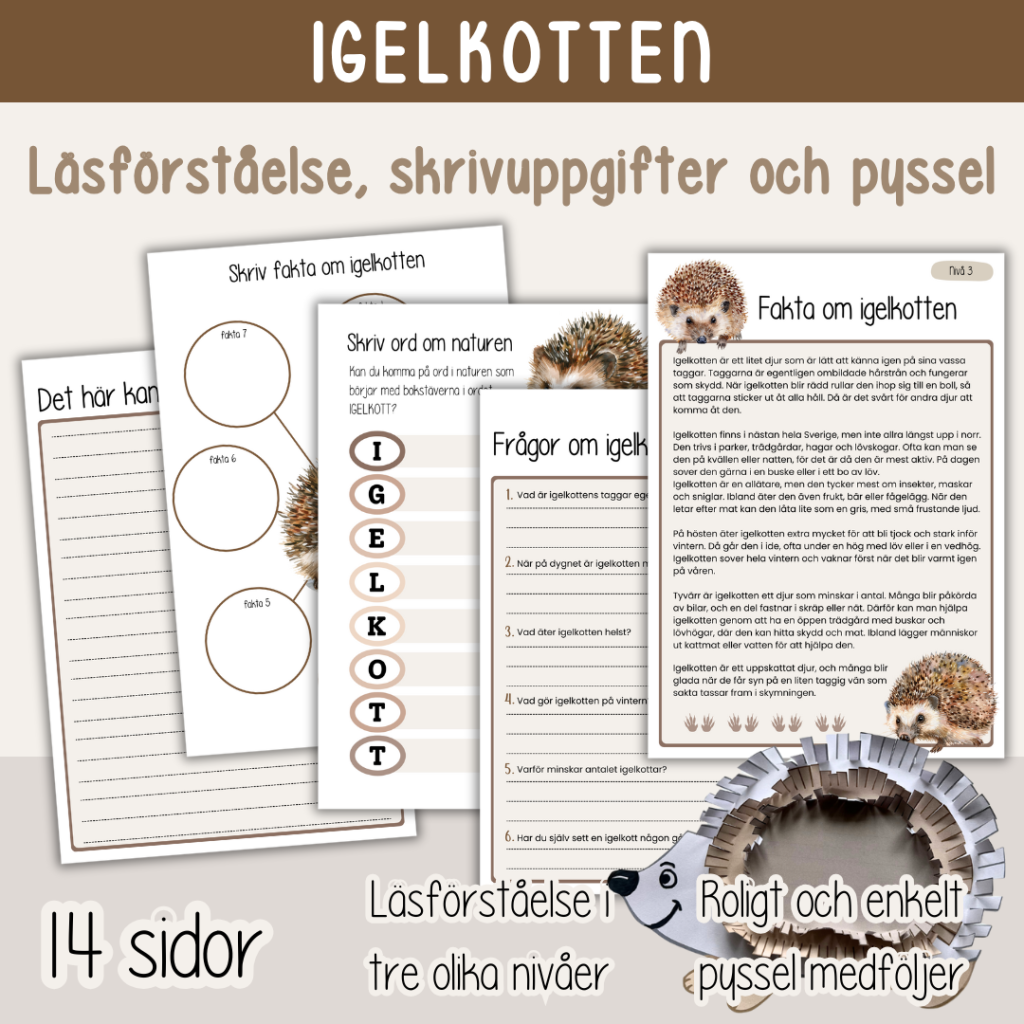 Arbete om Igelkotten – Läsförståelse tre nivåer, skrivuppgifter och pyssel