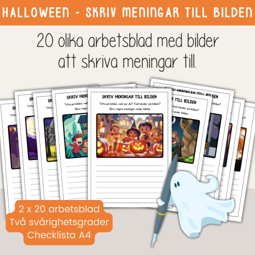 Halloween - Skriv meningar till bilden - 20 olika skrivblad i två olika nivåer