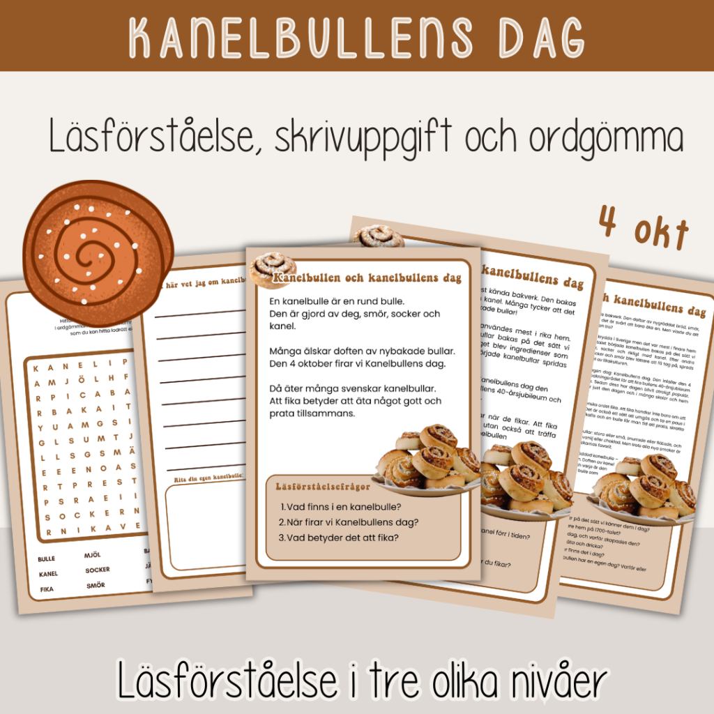 Kanelbullens dag – Läsförståelse i tre nivåer, skrivuppgift och ordgömma