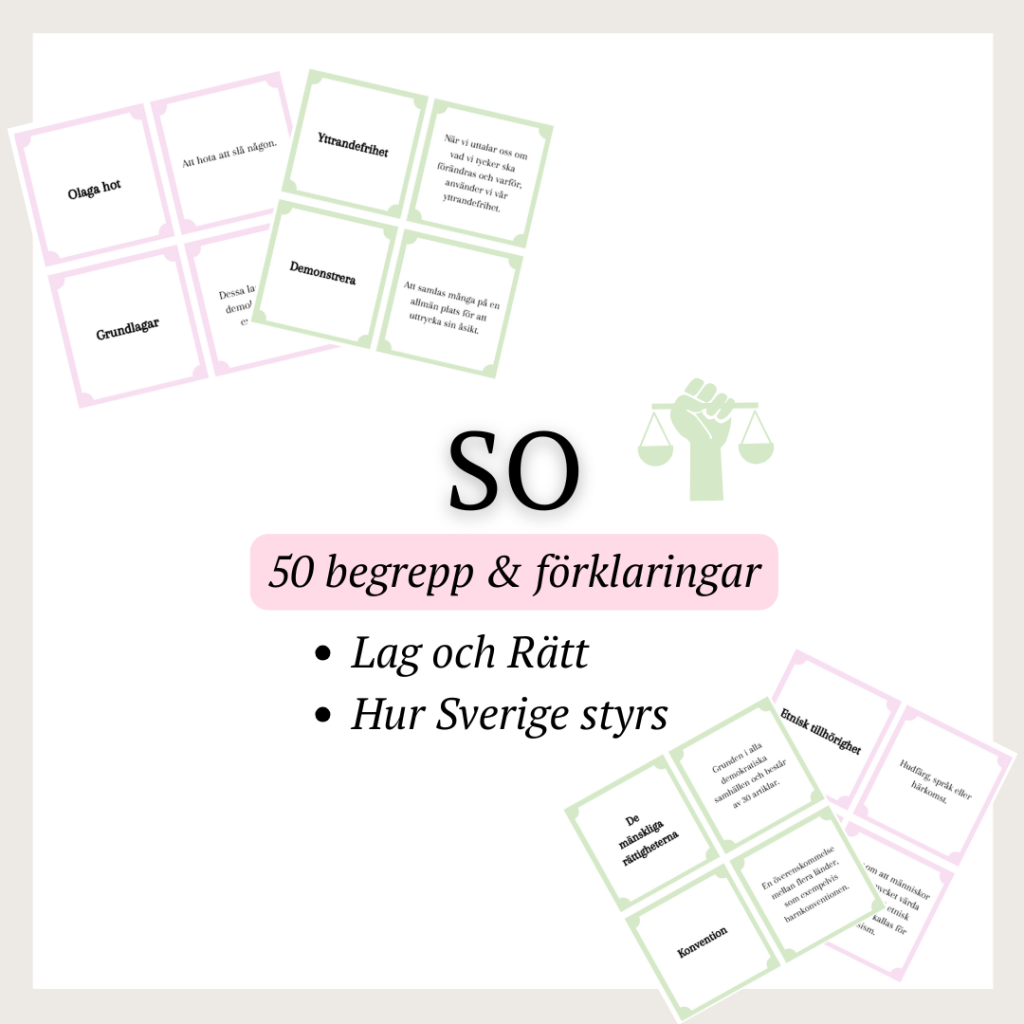 SO flashcards – begrepp & förklaringar (lag och rätt, hur Sverige styrs).