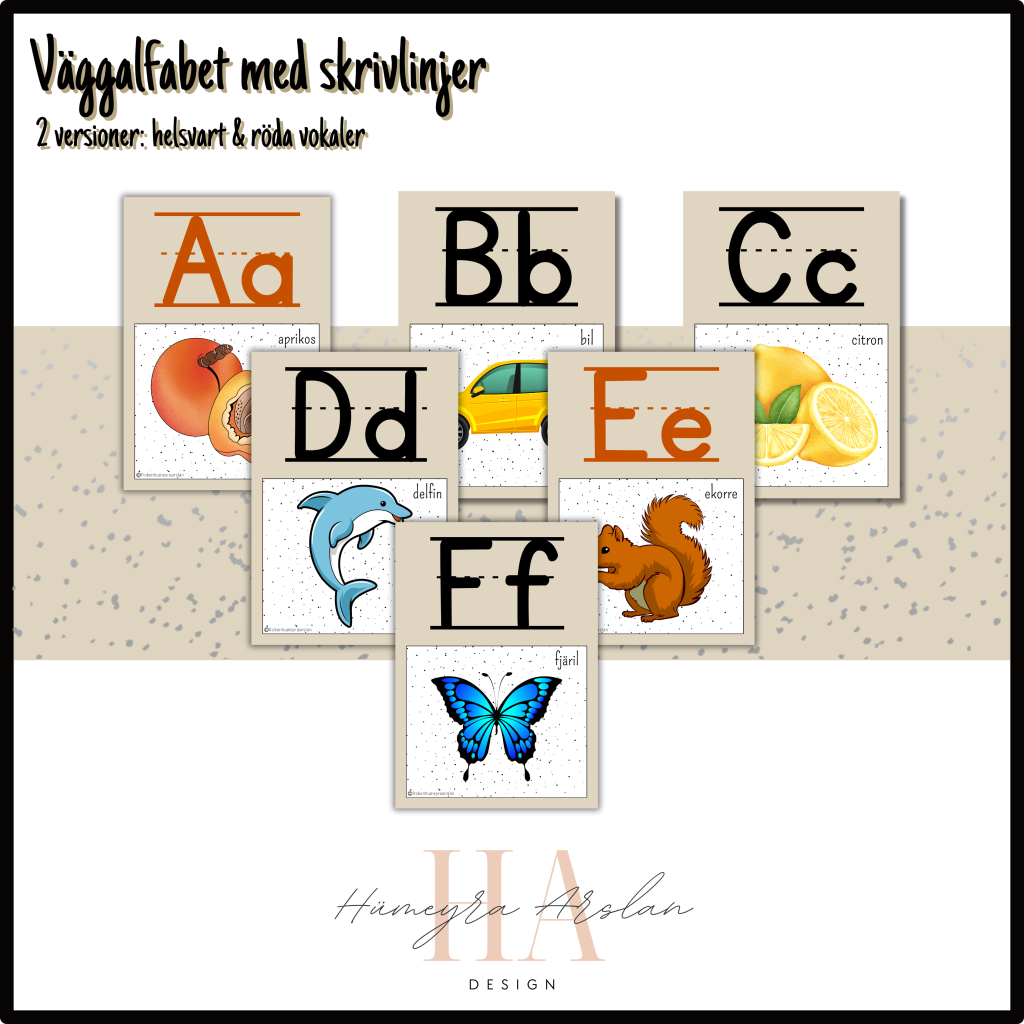 Väggalfabet med skrivlinjer – helsvart & röda vokaler