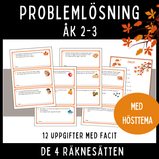 Problemlösning med hösttema för åk 2-3 med de 4 räknesätten, 12 uppgifter + facit