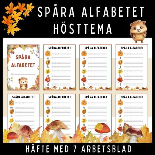 Spåra alfabetet med hösttema, häfte med 7 arbetsblad