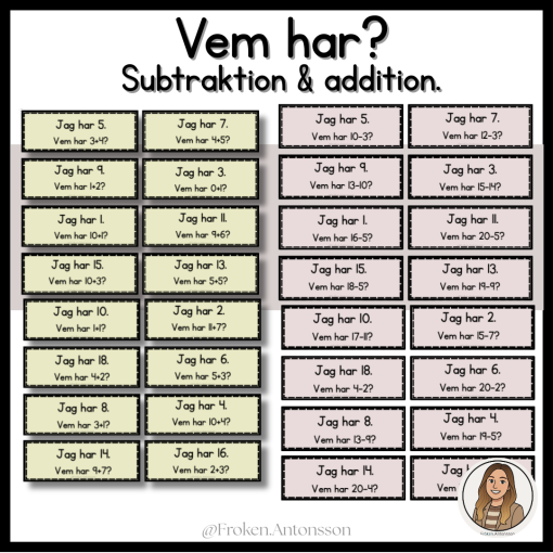 Vem har..? Kooperativ övning - addition, subtraktion, fler, färre, dubbelt, hälften.