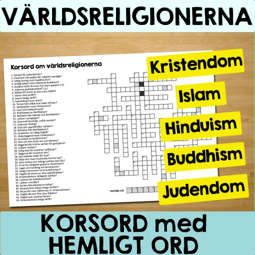 Världsreligionerna - Korsord med hemligt ord