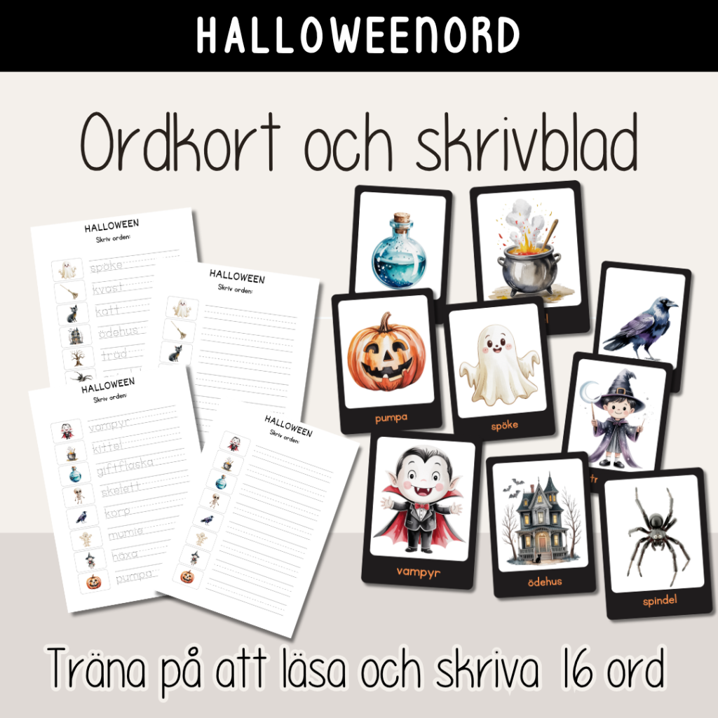 Halloween – Ordkort och skrivblad – Träna på orden – Läs, skriv och spåra