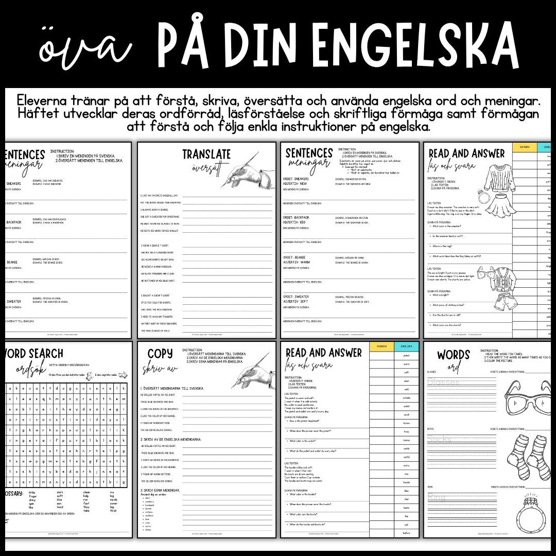 Öva på din engelska - arbetshäfte med blandade uppgifter - lätt - 61 sidor