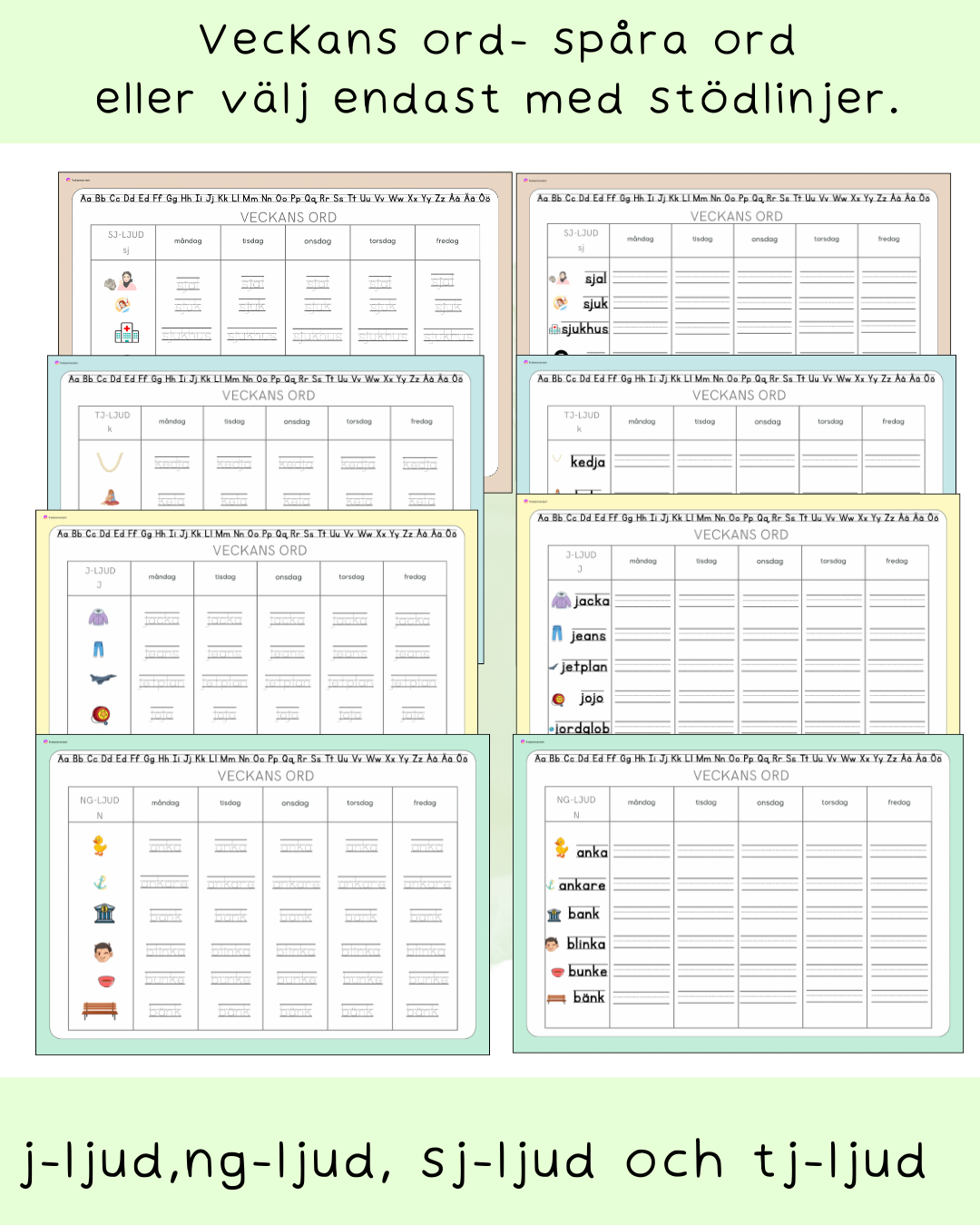 Veckans ord (j-ljud, sj-ljud, ng-ljud och tj-ljud) -skrivträning