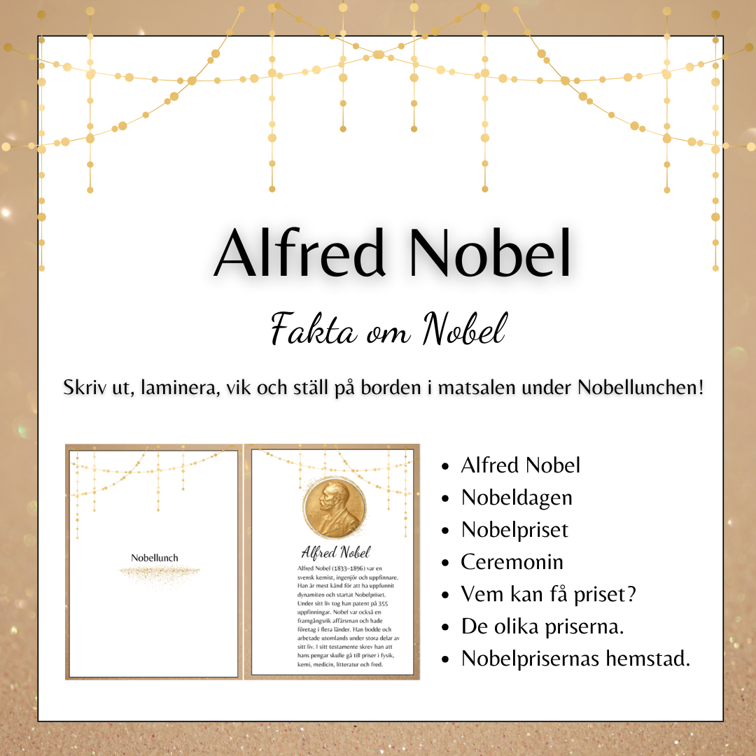 Alfred Nobel – skriv ut och ställ på borden i matsalen under Nobellunchen!