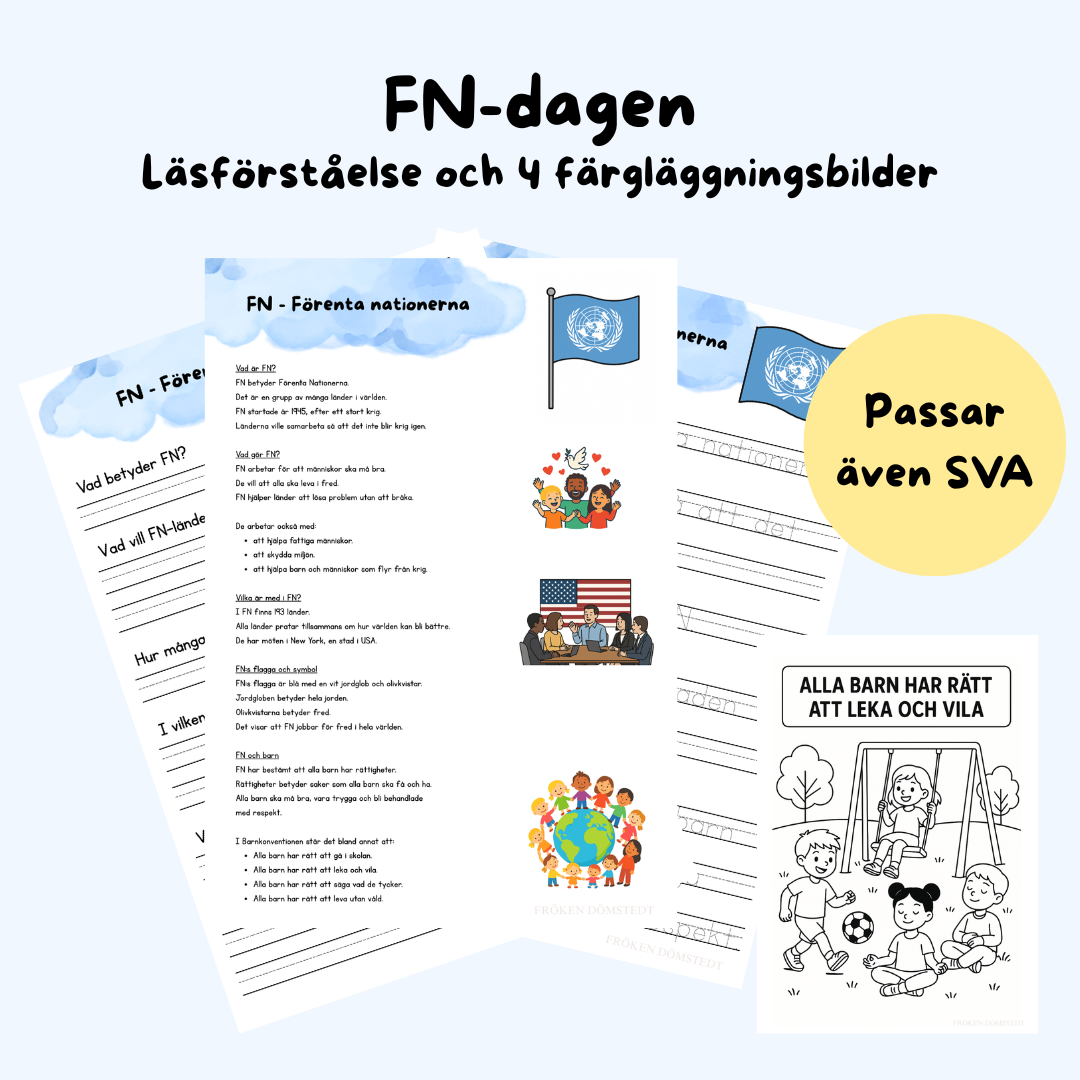FN-dagen. Läsförståelse och 4 färgläggningsbilder