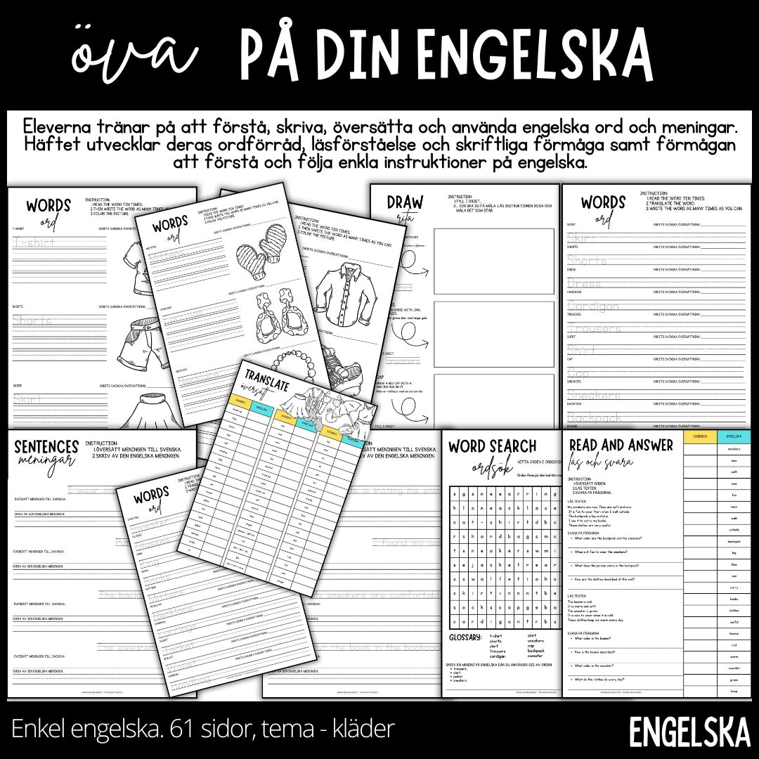 Öva på din engelska - arbetshäfte med blandade uppgifter - lätt - 61 sidor