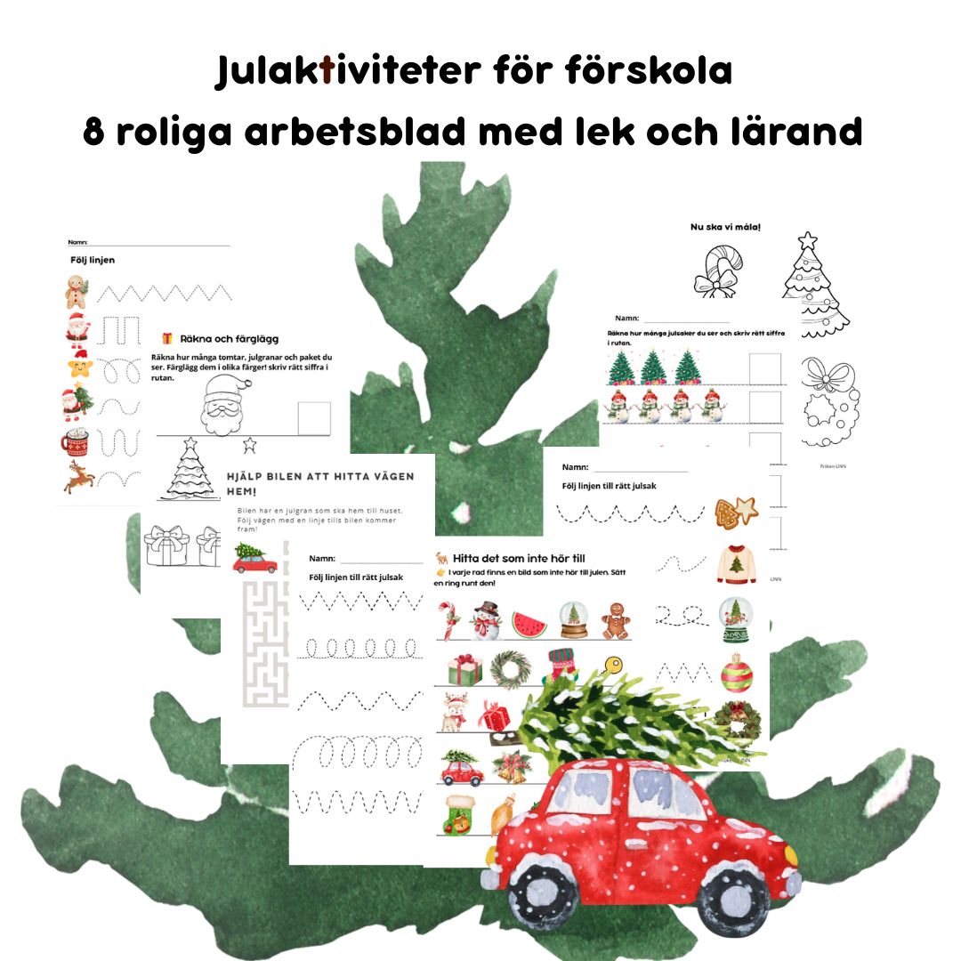 Julaktiviteter för förskola , 8 roliga arbetsblad med lek och lärande