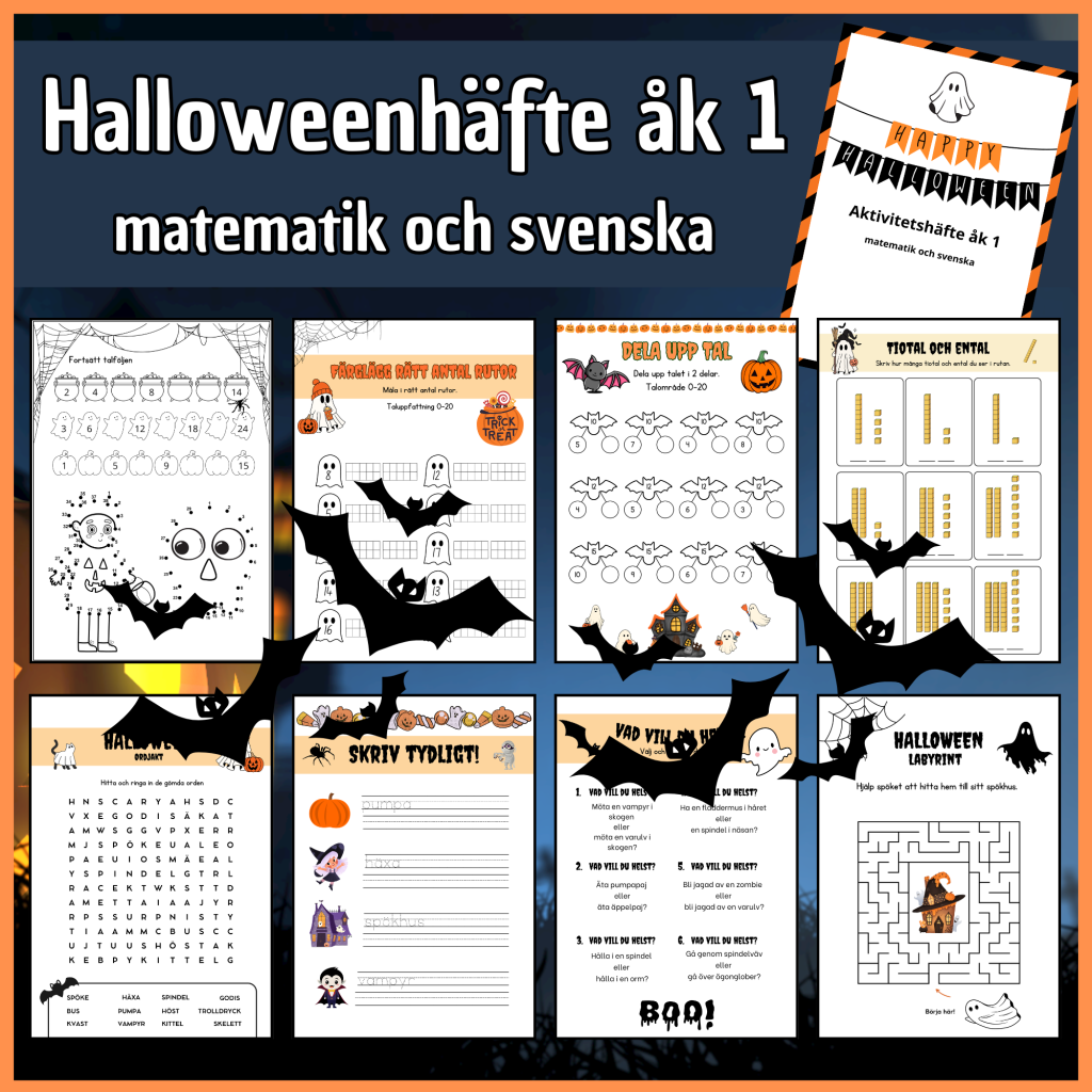 Halloween åk 1, matematik och svenska, 8 sidor