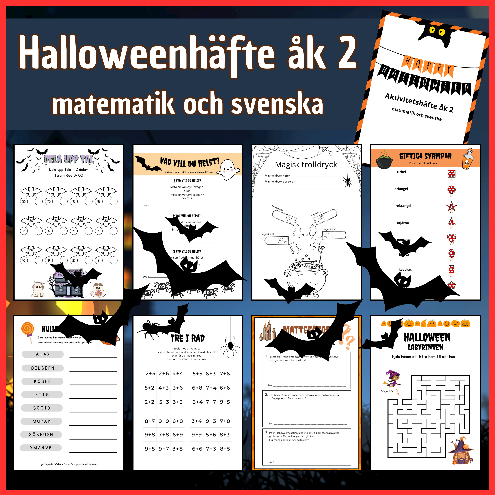 Halloween åk 2, matematik och svenska, 8 sidor